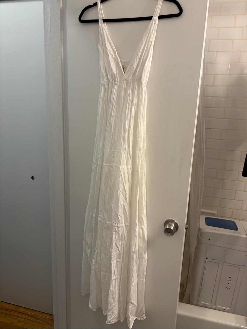 White Linen V-Neck Tiered Maxi Dress